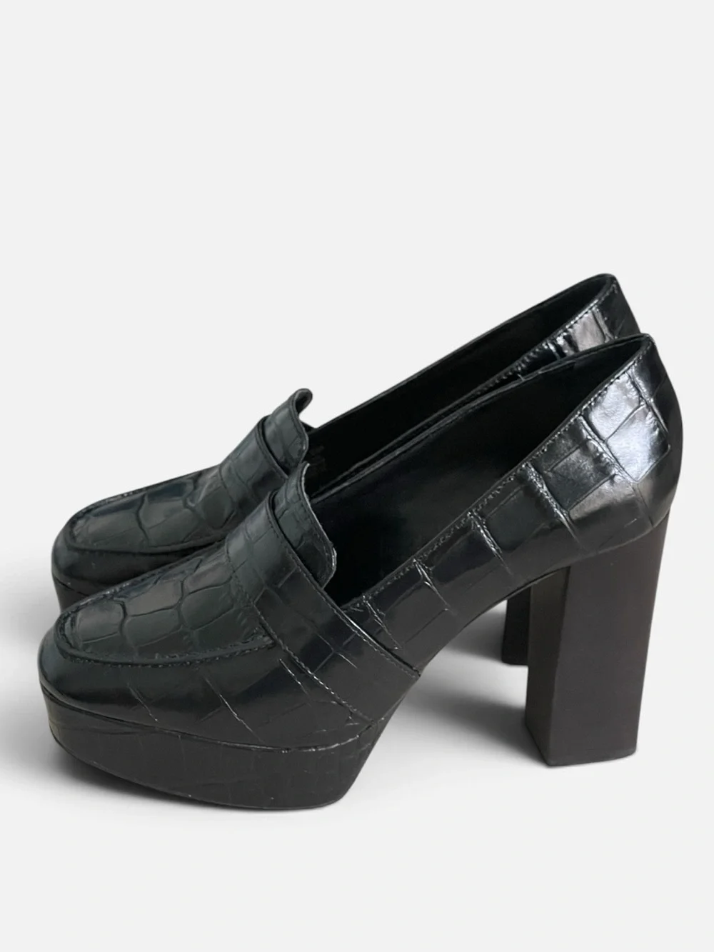 Vince Camuto Medrana Black Croc-Embossed Leather Platform Sz 6 High Chunky Heel